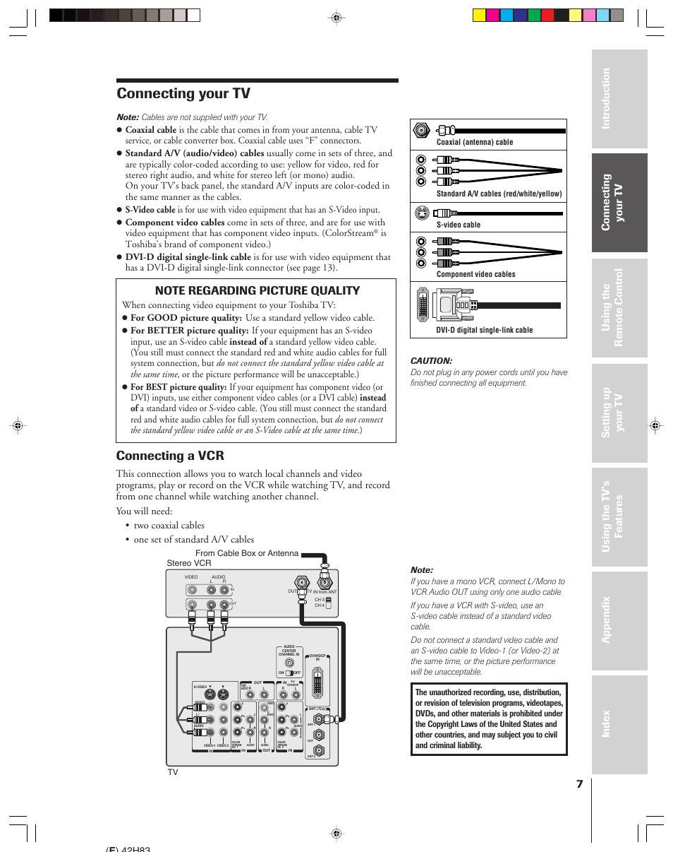 Connecting your tv, Connecting a vcr, E ) 42h83 | Is toshiba’s brand of component video.), When connecting video equipment to your toshiba tv | Toshiba 42H83 User Manual | Page 7 / 59