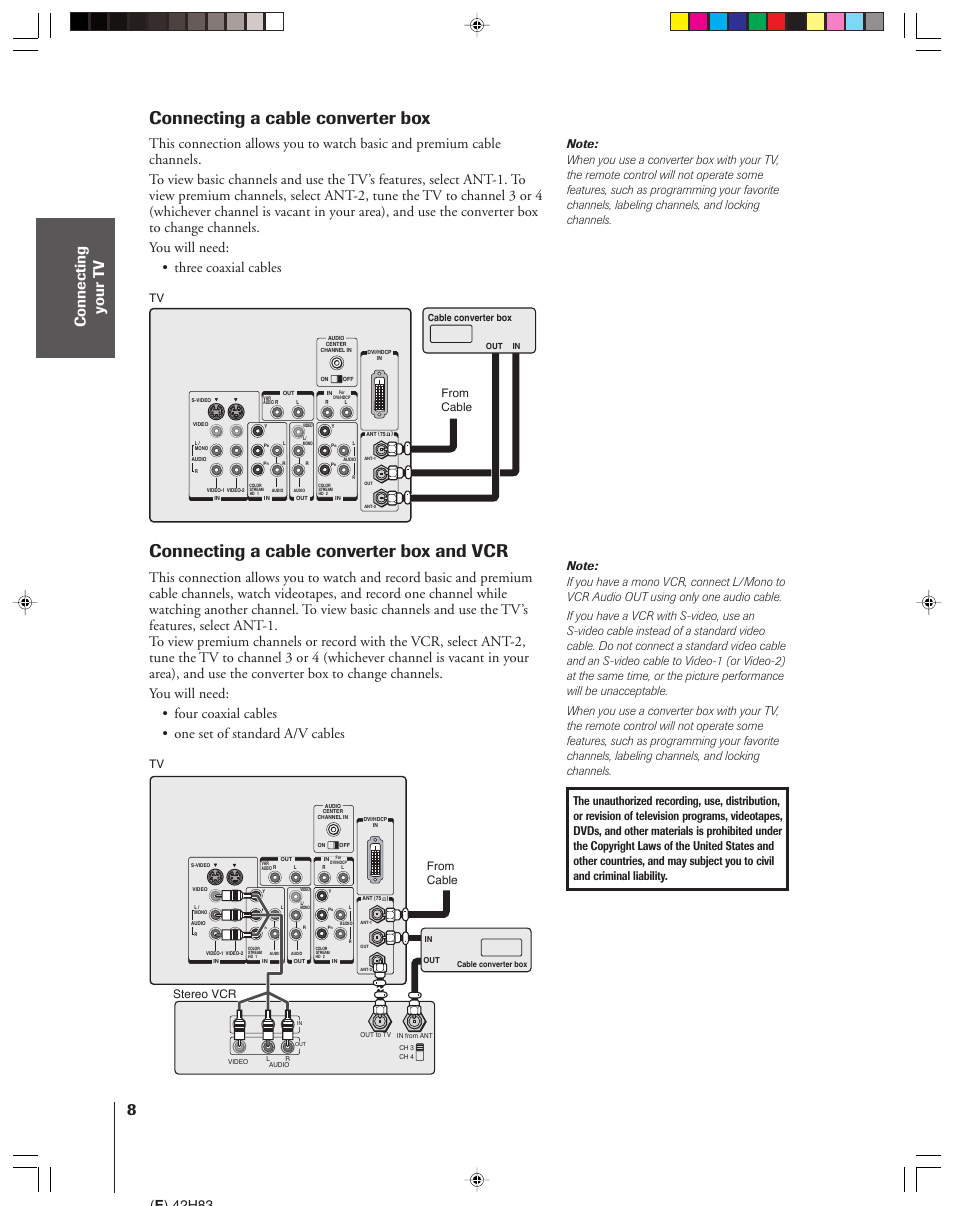 Cable converter box / cable converter box and vcr, Connecting a cable converter box, Connecting a cable converter box and vcr | E ) 42h83, Tv from cable stereo vcr | Toshiba 42H83 User Manual | Page 8 / 59