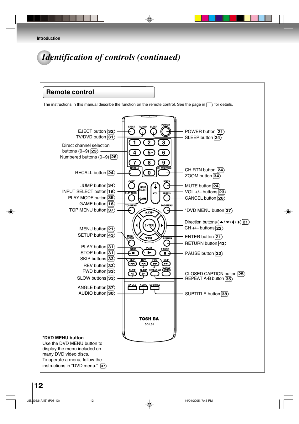 Identification of controls (continued), Remote control | Toshiba 14DLV75 User Manual | Page 12 / 54
