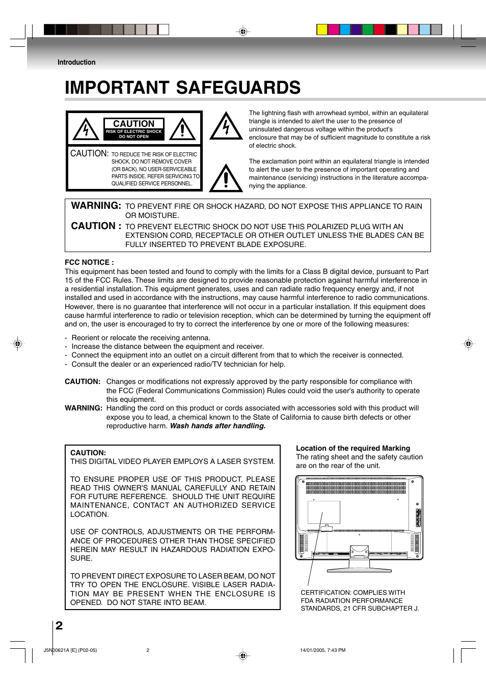 Important safeguards, Warning, Caution | Toshiba 14DLV75 User Manual | Page 2 / 54