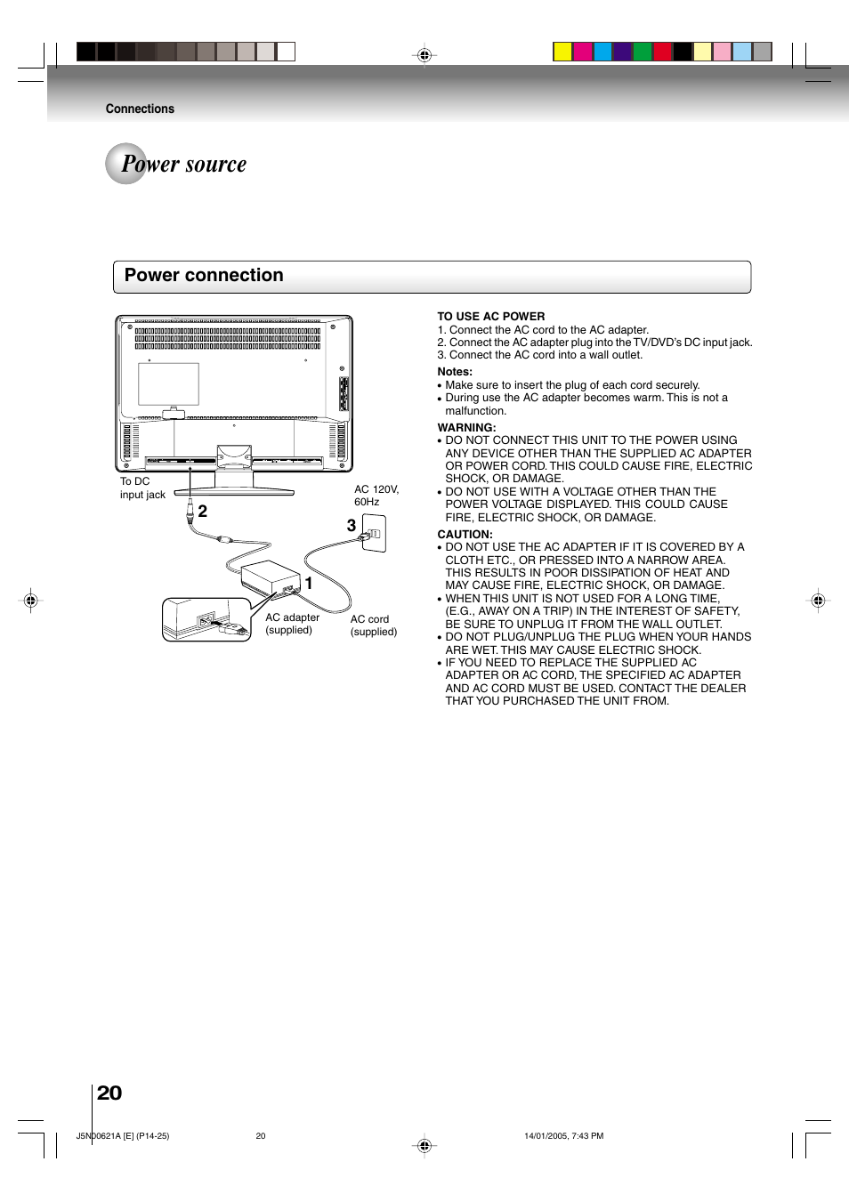 Power source, Power connection | Toshiba 14DLV75 User Manual | Page 20 / 54