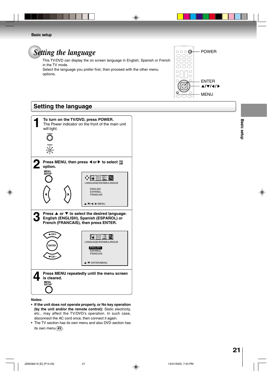 Setting the language | Toshiba 14DLV75 User Manual | Page 21 / 54