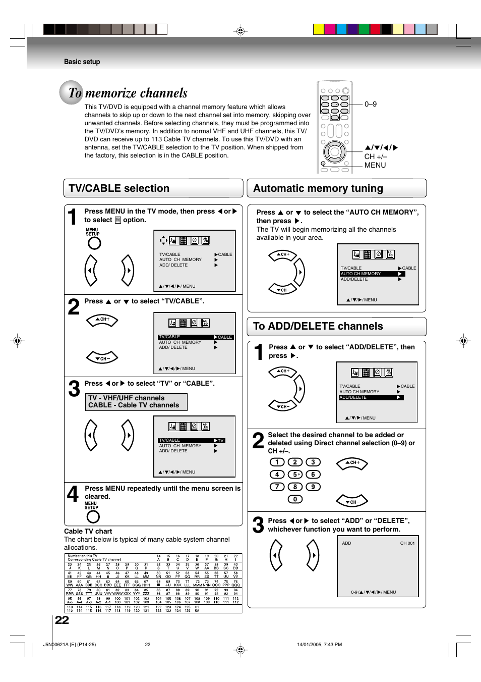 Tv/cable selection | Toshiba 14DLV75 User Manual | Page 22 / 54