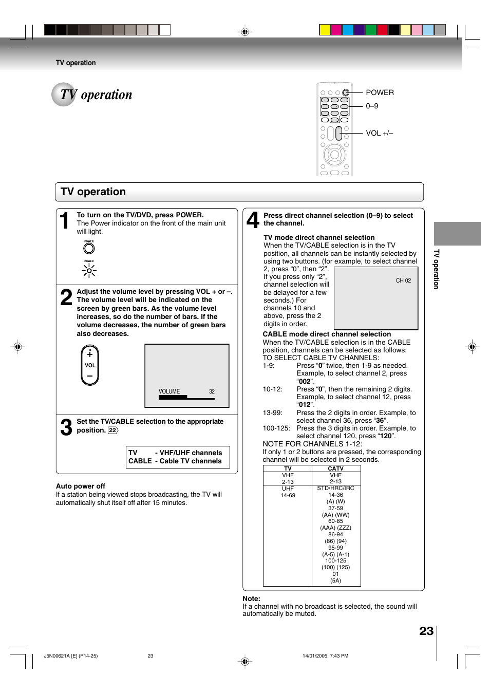 Tv operation | Toshiba 14DLV75 User Manual | Page 23 / 54