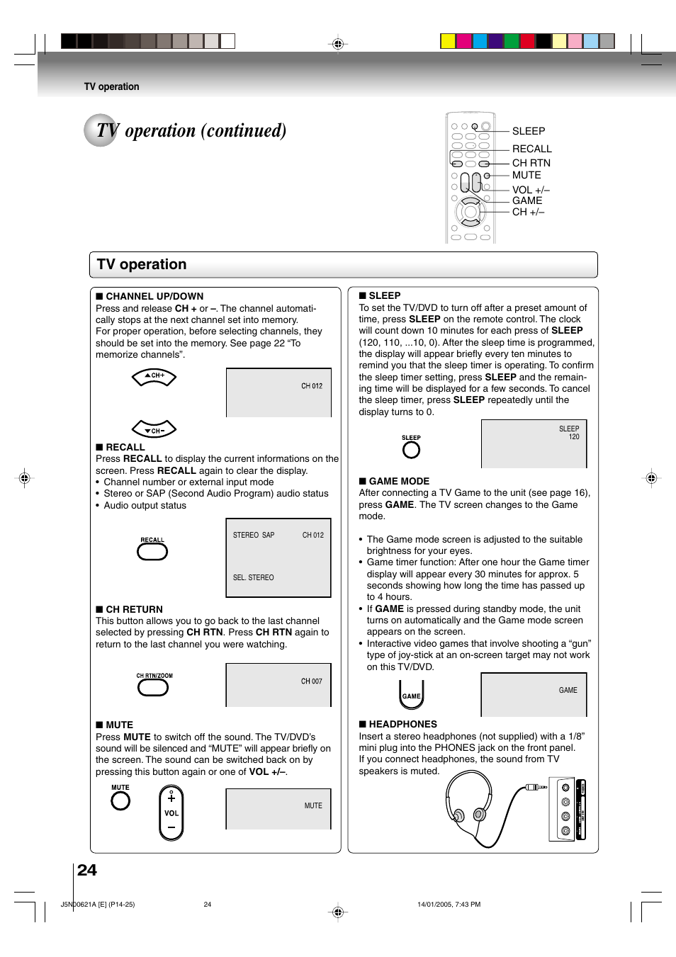 Tv operation (continued), Tv operation | Toshiba 14DLV75 User Manual | Page 24 / 54