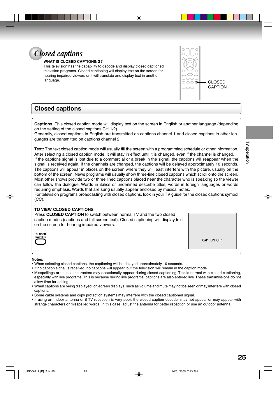 Closed captions | Toshiba 14DLV75 User Manual | Page 25 / 54