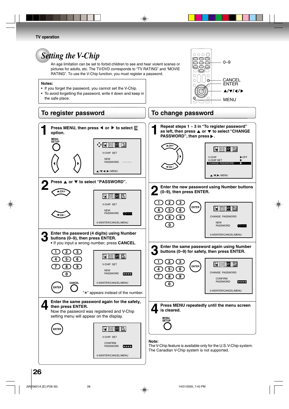 Setting the v-chip | Toshiba 14DLV75 User Manual | Page 26 / 54