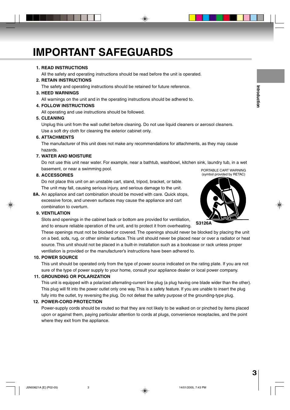 Important safeguards | Toshiba 14DLV75 User Manual | Page 3 / 54