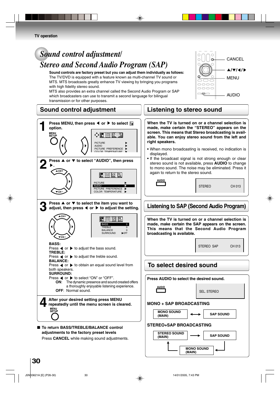 Listening to sap (second audio program), Sound control adjustment | Toshiba 14DLV75 User Manual | Page 30 / 54