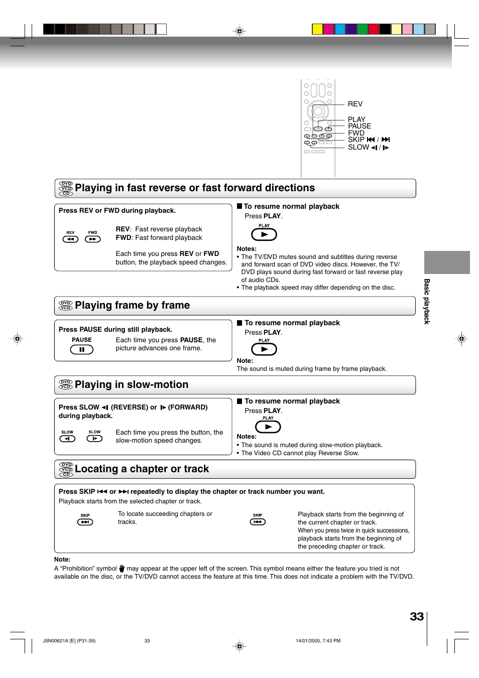 Playing in slow-motion locating a chapter or track | Toshiba 14DLV75 User Manual | Page 33 / 54