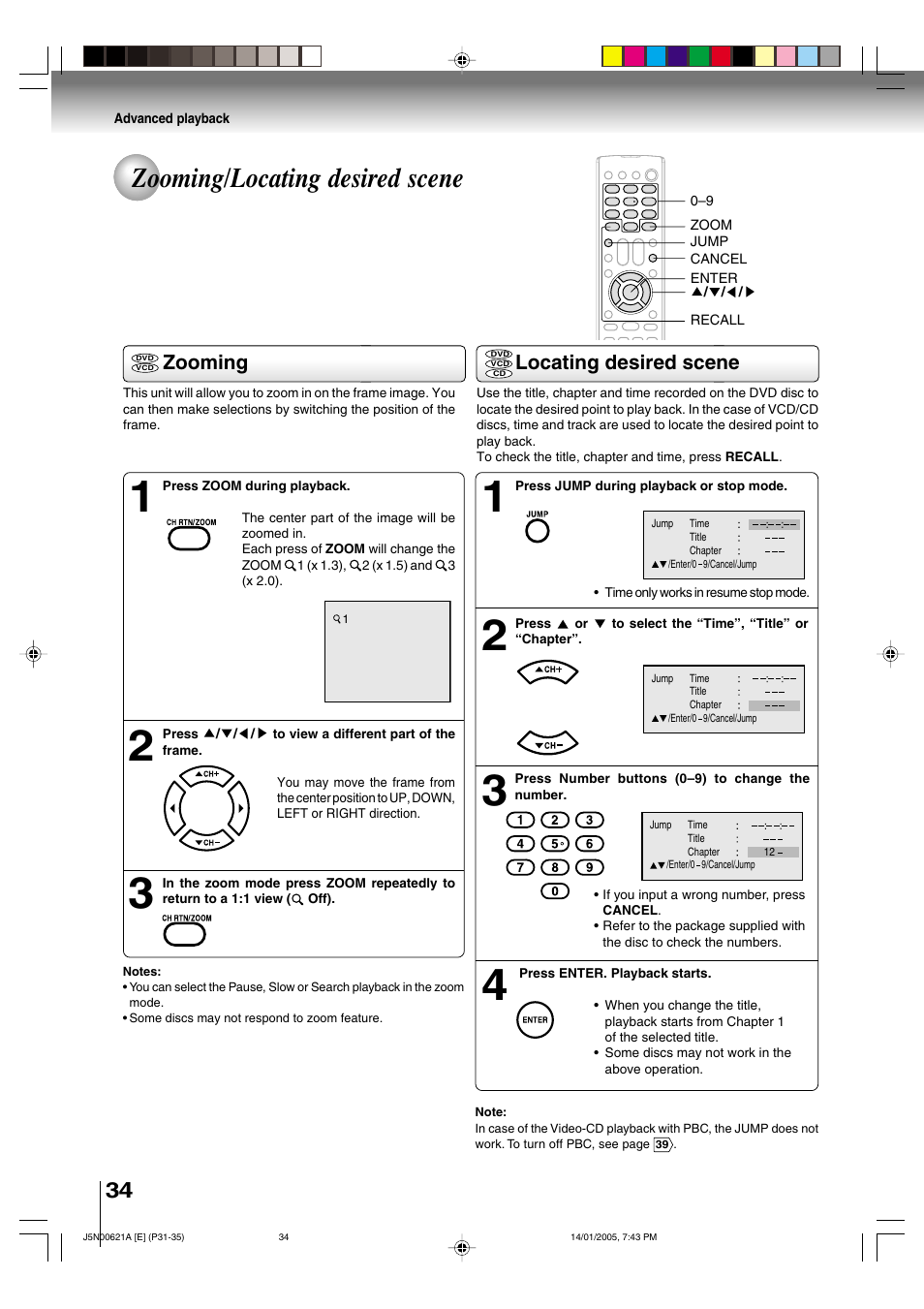 Zooming/locating desired scene, Zooming, Locating desired scene | Toshiba 14DLV75 User Manual | Page 34 / 54