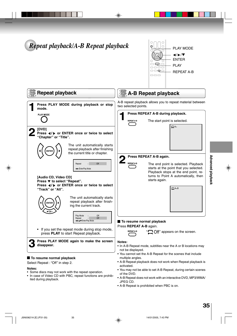 Repeat playback/a-b repeat playback, A-b repeat playback repeat playback | Toshiba 14DLV75 User Manual | Page 35 / 54