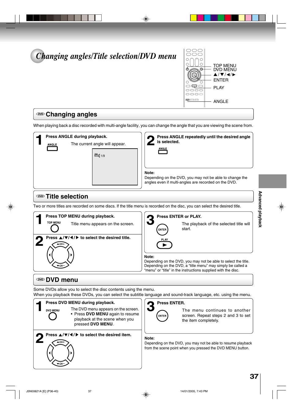 Changing angles/title selection/dvd menu | Toshiba 14DLV75 User Manual | Page 37 / 54