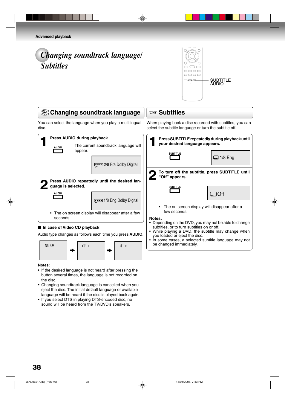 Changing soundtrack language/ subtitles, Subtitles, Changing soundtrack language | Toshiba 14DLV75 User Manual | Page 38 / 54