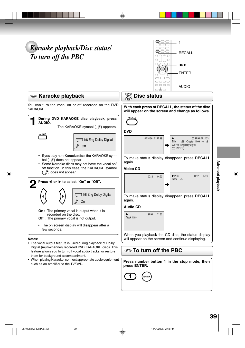 Karaoke playback/disc status/ to turn off the pbc, Disc status, Karaoke playback | Toshiba 14DLV75 User Manual | Page 39 / 54