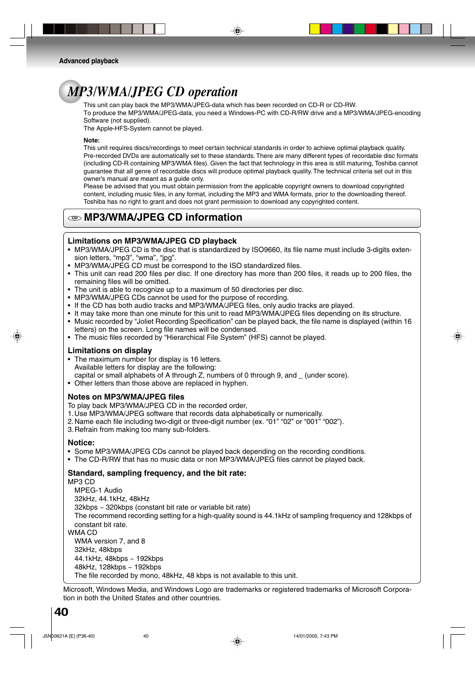 Mp3/wma/jpeg cd operation, Mp3/wma/jpeg cd information | Toshiba 14DLV75 User Manual | Page 40 / 54