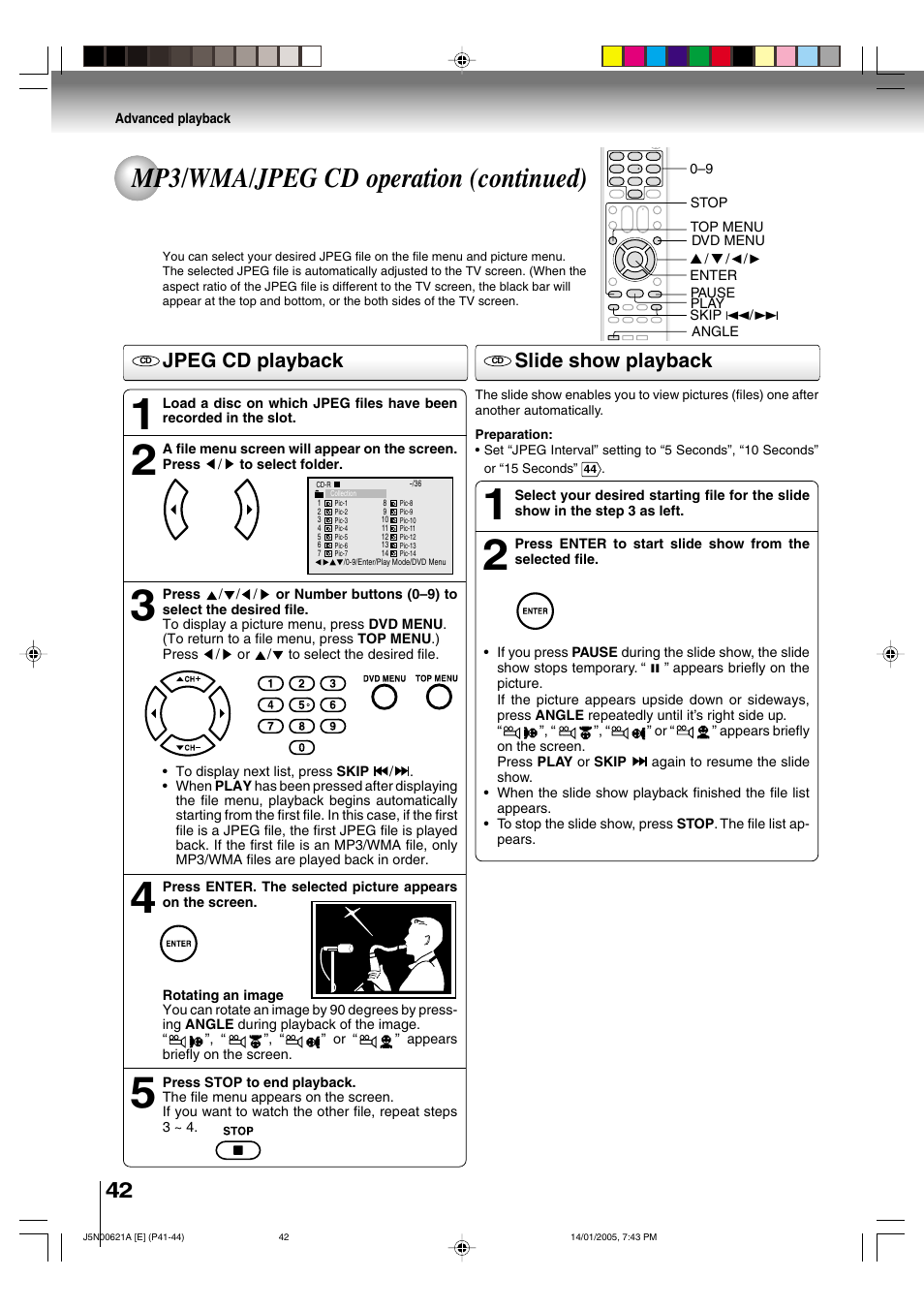 Mp3/wma/jpeg cd operation (continued), Jpeg cd playback, Slide show playback | Toshiba 14DLV75 User Manual | Page 42 / 54