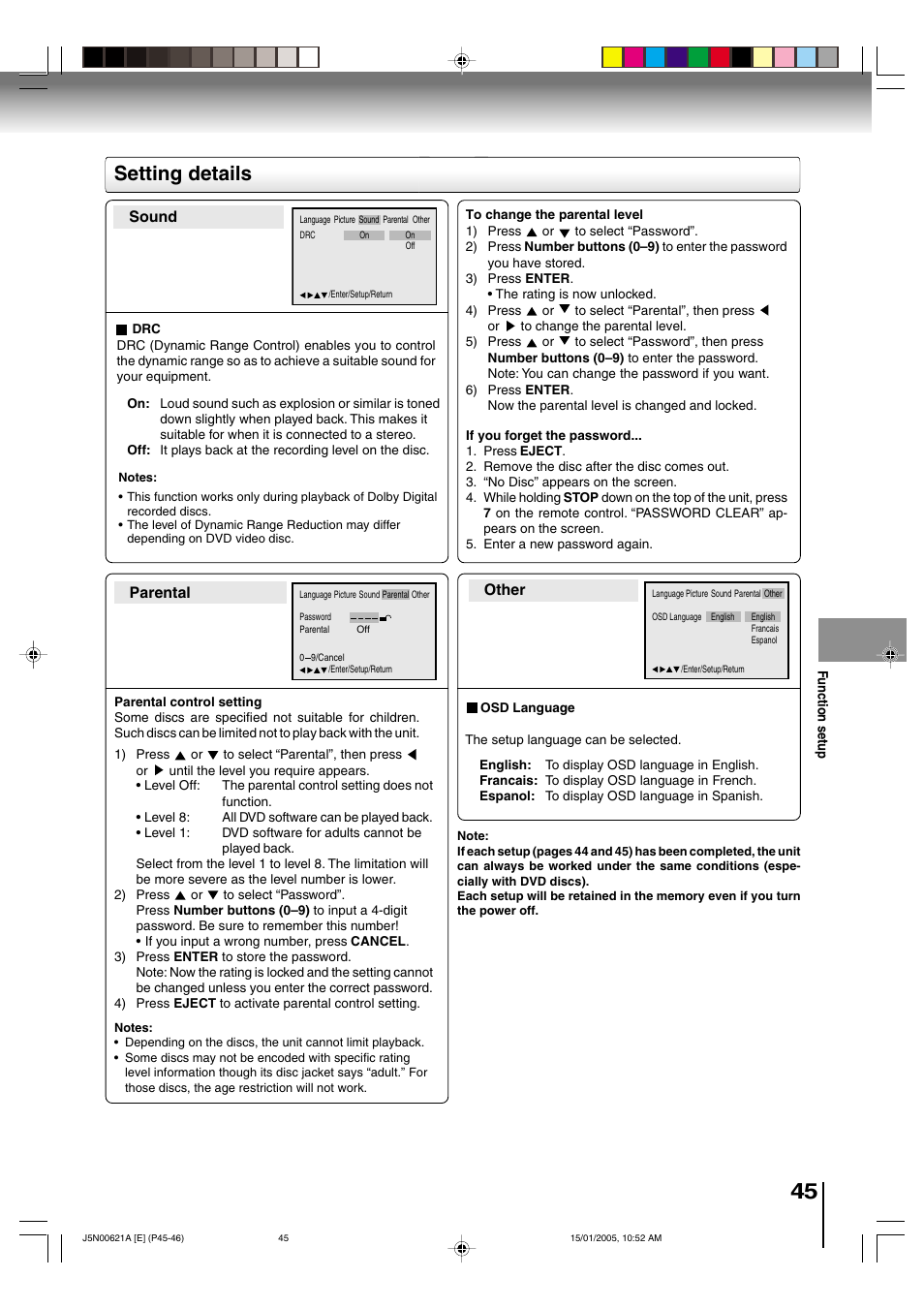 Setting details, Parental other, Sound | Toshiba 14DLV75 User Manual | Page 45 / 54