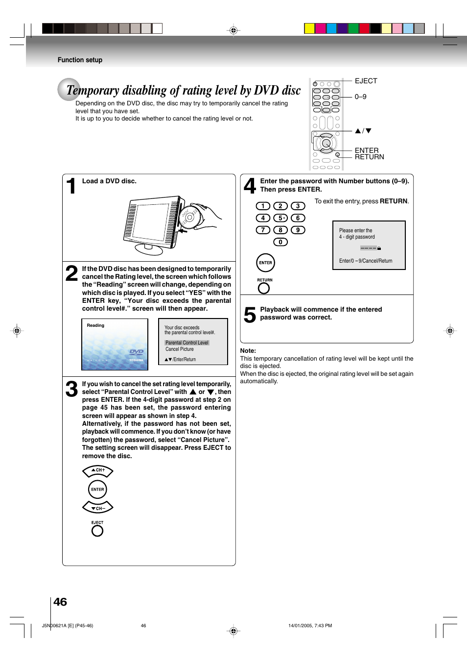 Temporary disabling of rating level by dvd disc | Toshiba 14DLV75 User Manual | Page 46 / 54