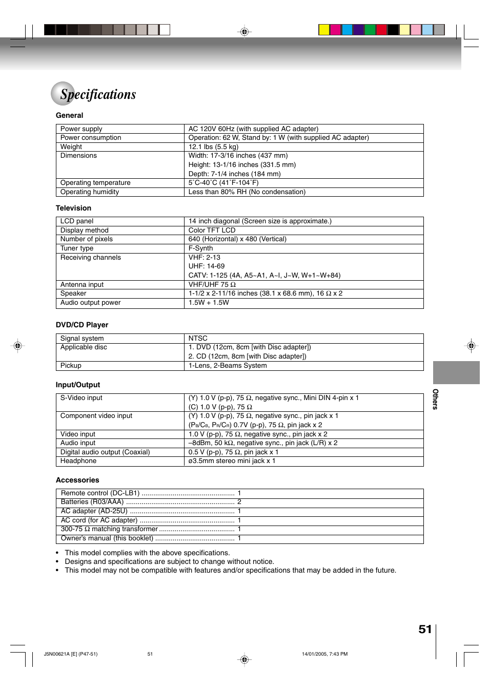 Specifications | Toshiba 14DLV75 User Manual | Page 51 / 54