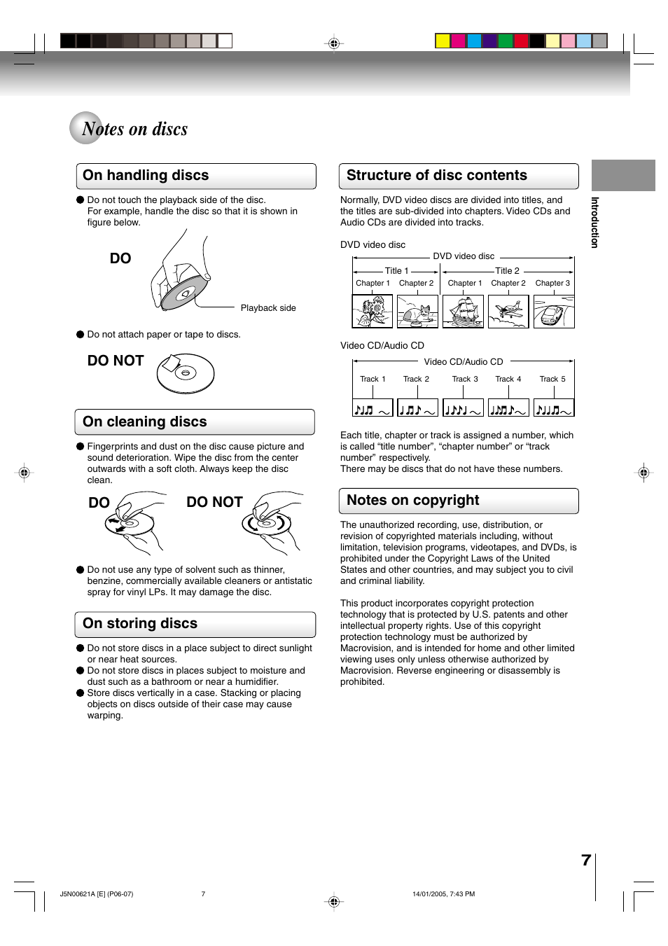 Structure of disc contents, On handling discs, On cleaning discs | On storing discs, Do not do do do not | Toshiba 14DLV75 User Manual | Page 7 / 54