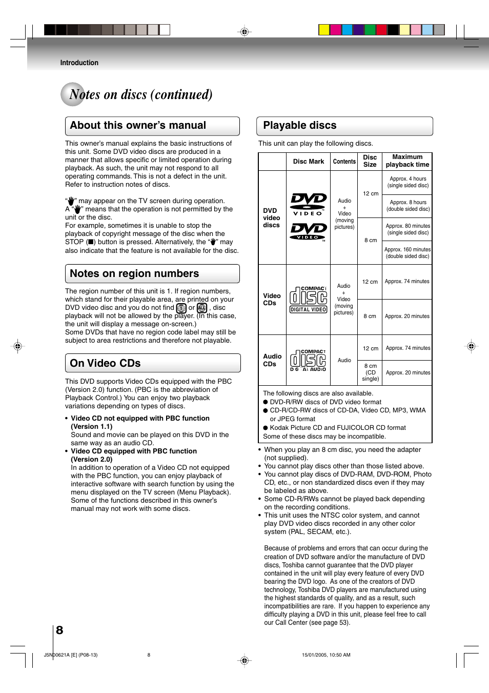 Playable discs, About this owner’s manual, On video cds | Toshiba 14DLV75 User Manual | Page 8 / 54