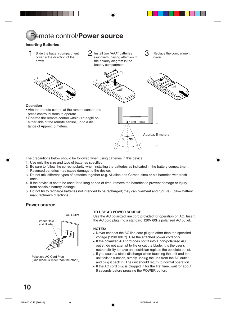 Power source, Remote control/ power source | Toshiba MD14FN1C User Manual | Page 10 / 44
