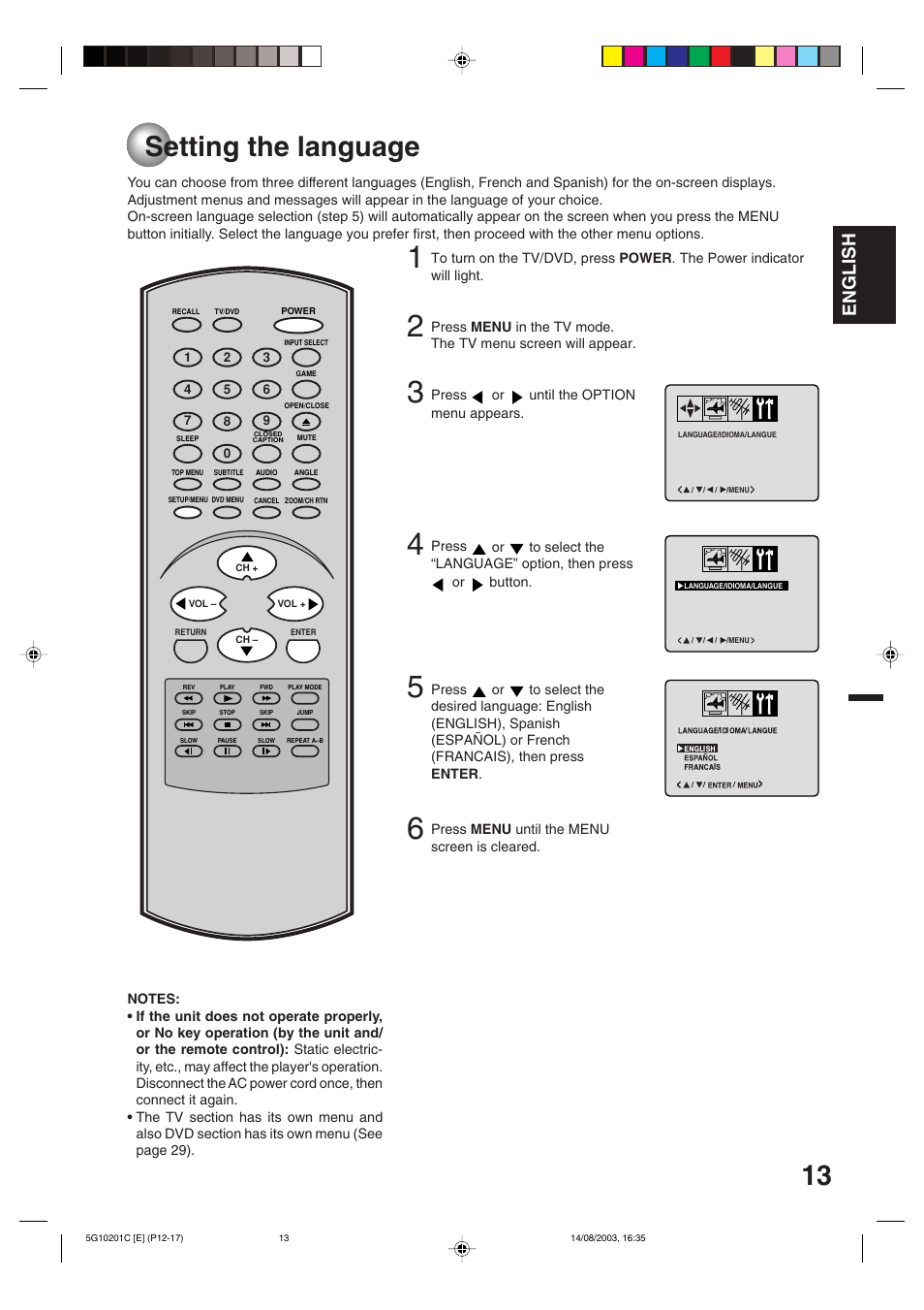 Tv operation, Setting the language, English | Toshiba MD14FN1C User Manual | Page 13 / 44