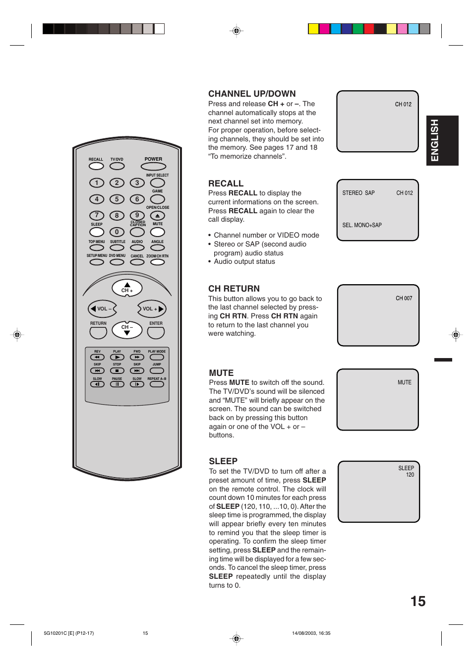 English, Recall, Channel up/down | Ch return, Sleep, Mute | Toshiba MD14FN1C User Manual | Page 15 / 44