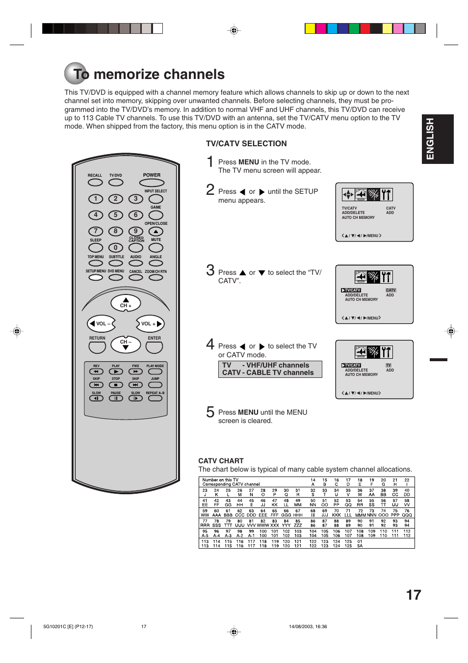 To memorize channels, English, Tv/catv selection | Toshiba MD14FN1C User Manual | Page 17 / 44