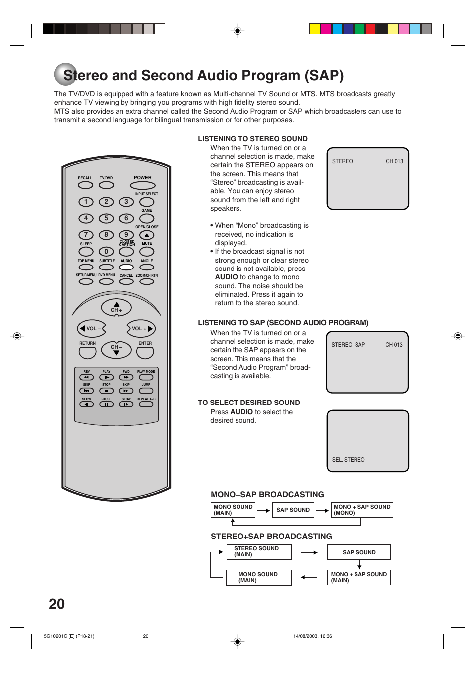 Stereo and second audio program, Stereo and second audio program (sap), Mono+sap broadcasting | Stereo+sap broadcasting, Listening to sap (second audio program) | Toshiba MD14FN1C User Manual | Page 20 / 44