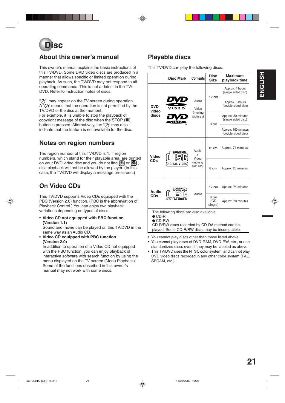 Playback operation, Disc, About this owner’s manual | On video cds, Playable discs, English | Toshiba MD14FN1C User Manual | Page 21 / 44