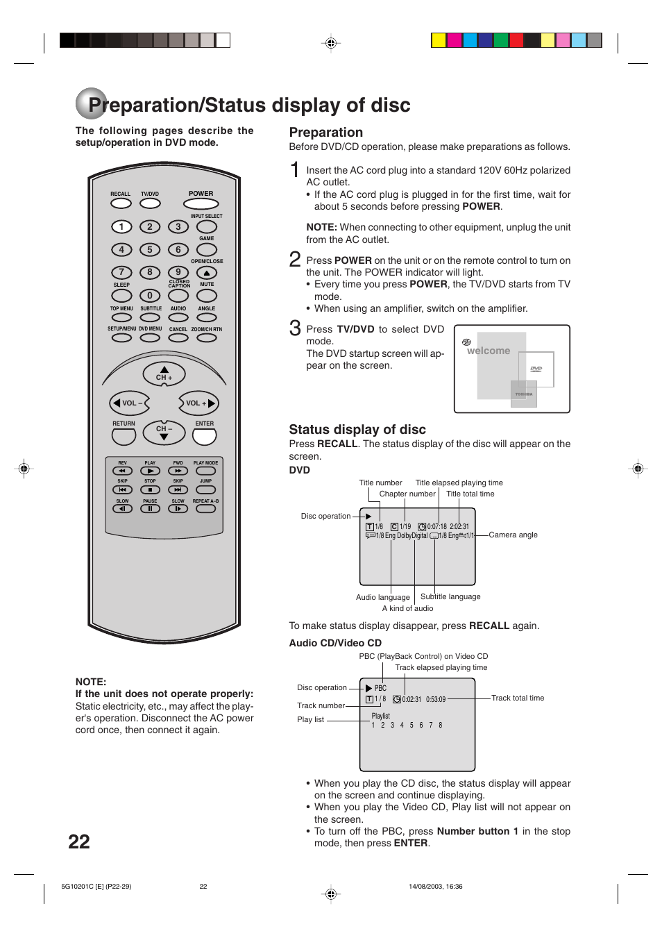 Preparation/status display of disc, 22 preparation/status display of disc, Status display of disc | Preparation | Toshiba MD14FN1C User Manual | Page 22 / 44