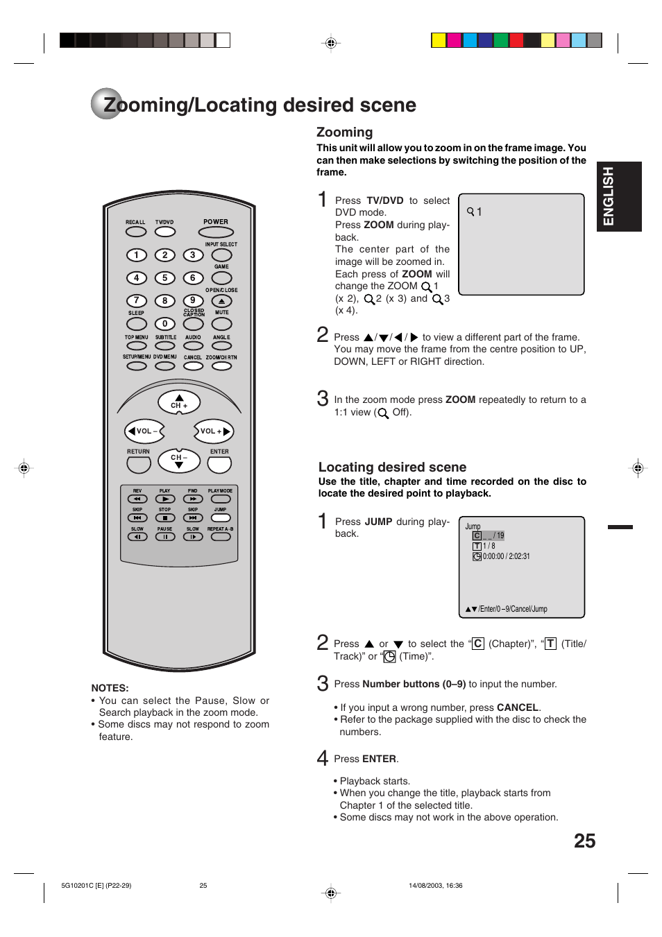 Advanced functions, Zooming/locating desired scene, English | Zooming, Locating desired scene | Toshiba MD14FN1C User Manual | Page 25 / 44