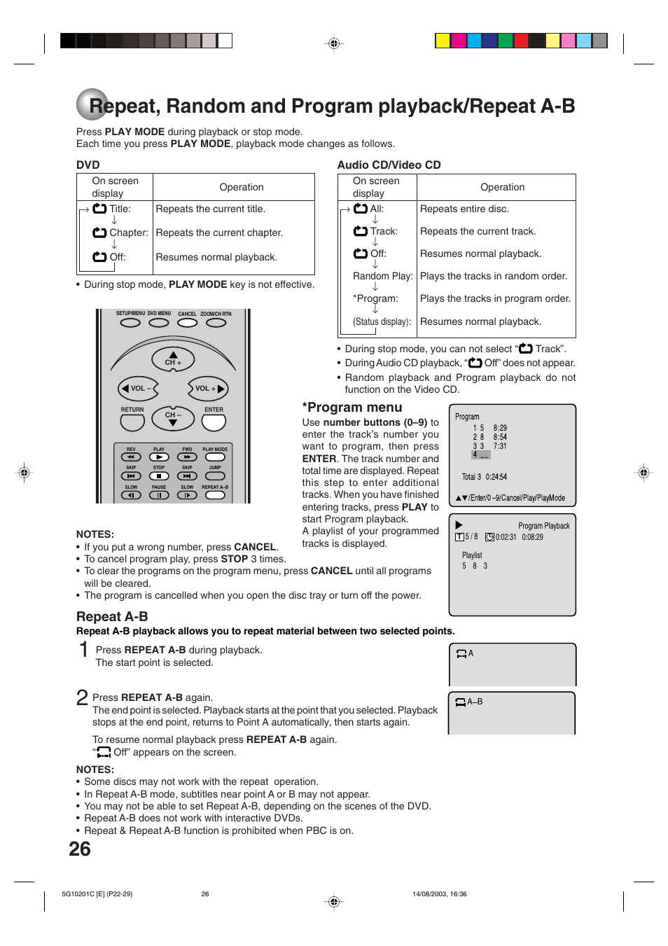 Repeat, random and program playback/repeat a-b, Repeat a-b, Program menu | Toshiba MD14FN1C User Manual | Page 26 / 44