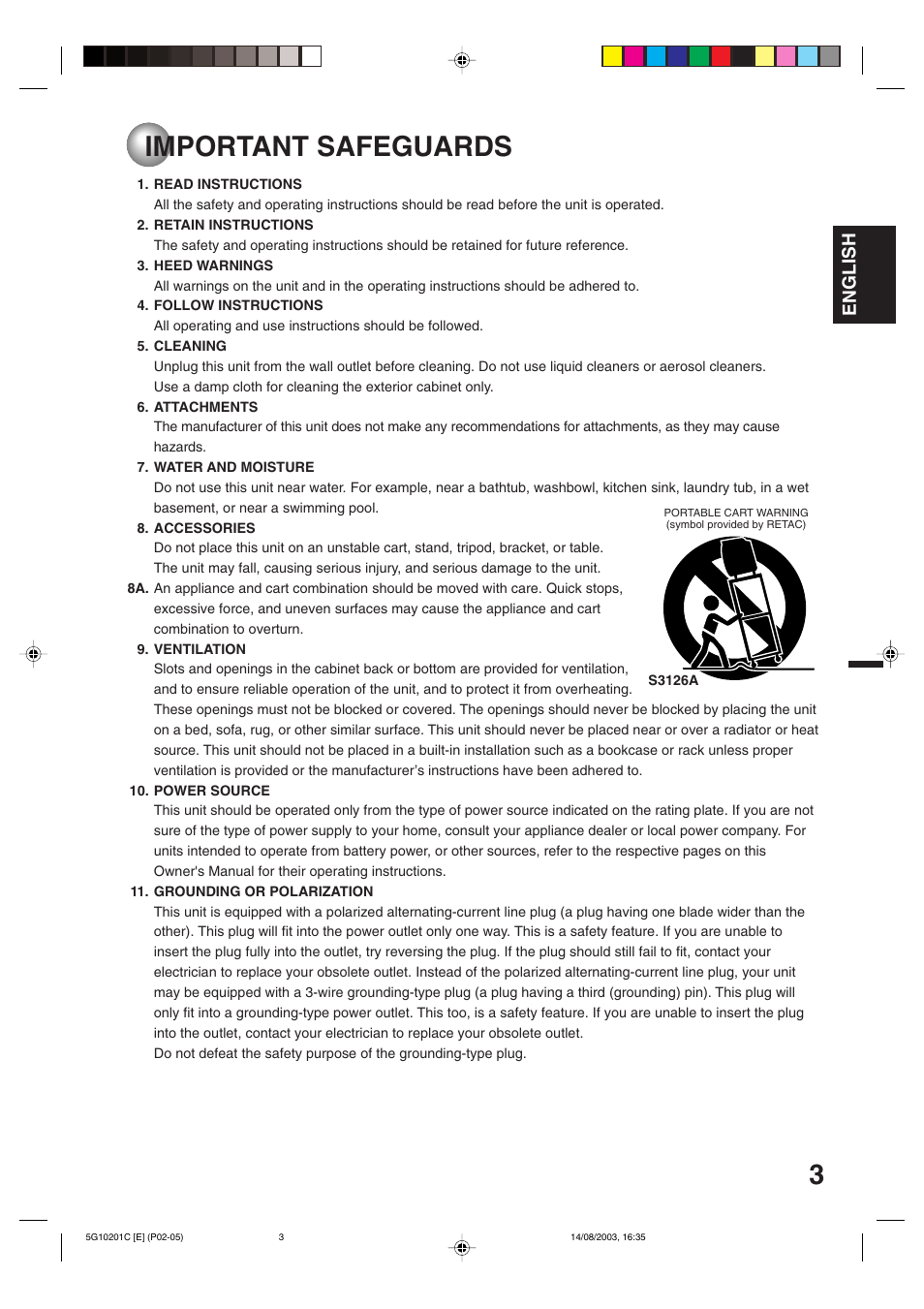 Safeguards, Important safeguards, English | Toshiba MD14FN1C User Manual | Page 3 / 44