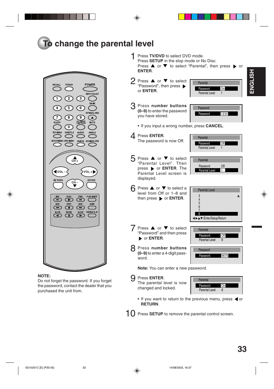 To change parental level, English | Toshiba MD14FN1C User Manual | Page 33 / 44