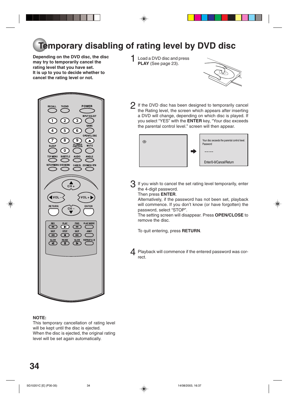 Temporary disabling the rating level by dvd disc, Temporary disabling of rating level by dvd disc | Toshiba MD14FN1C User Manual | Page 34 / 44