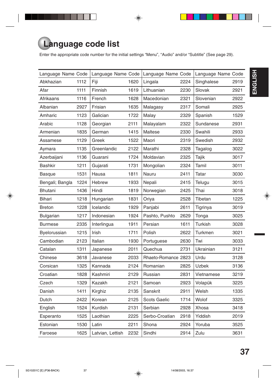 Language code list | Toshiba MD14FN1C User Manual | Page 37 / 44