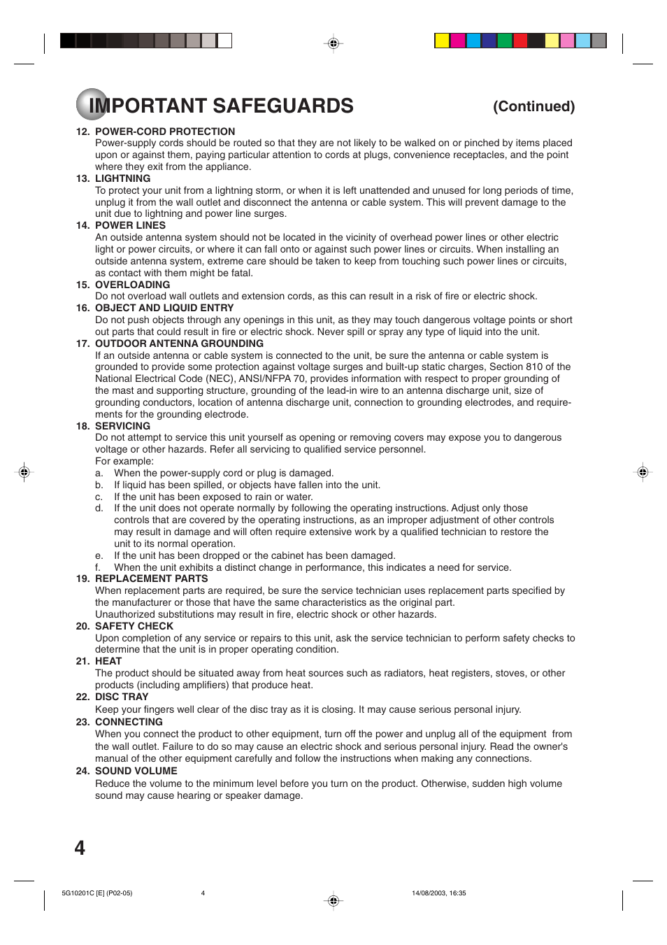 4important safeguards, Continued) | Toshiba MD14FN1C User Manual | Page 4 / 44