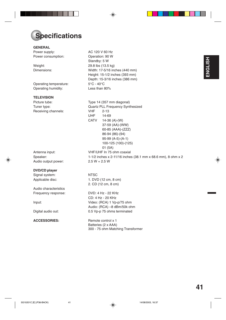 Specifications, English | Toshiba MD14FN1C User Manual | Page 41 / 44