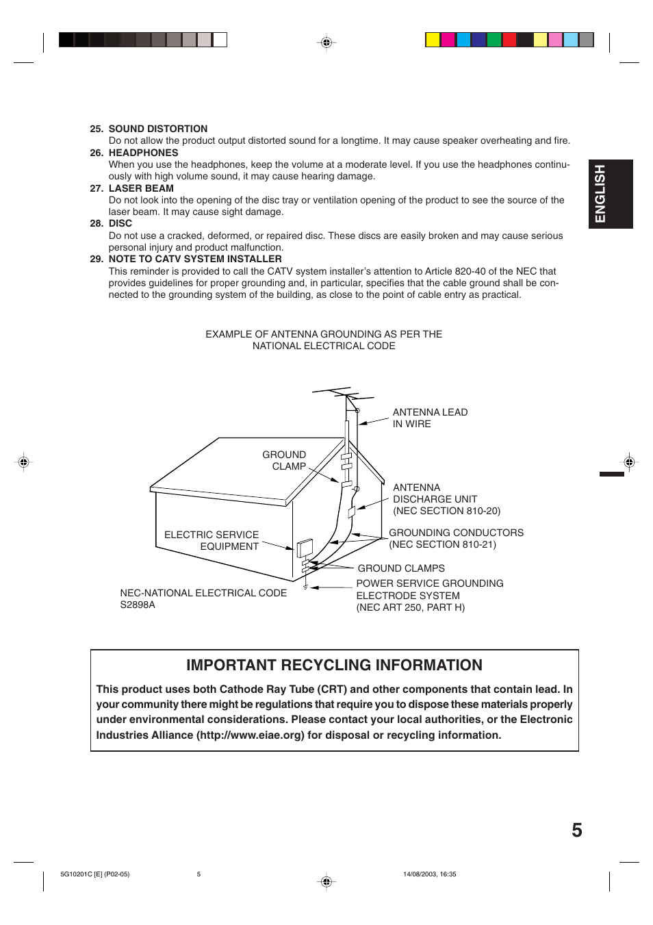 Important recycling information, English | Toshiba MD14FN1C User Manual | Page 5 / 44