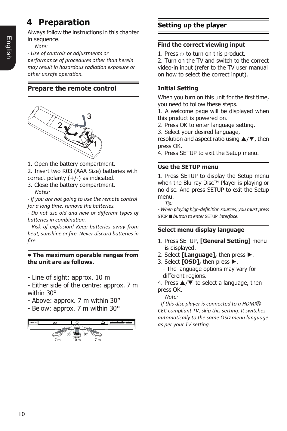 4preparation | Toshiba Blu-Ray Disc Player BDX1200KU User Manual | Page 10 / 46