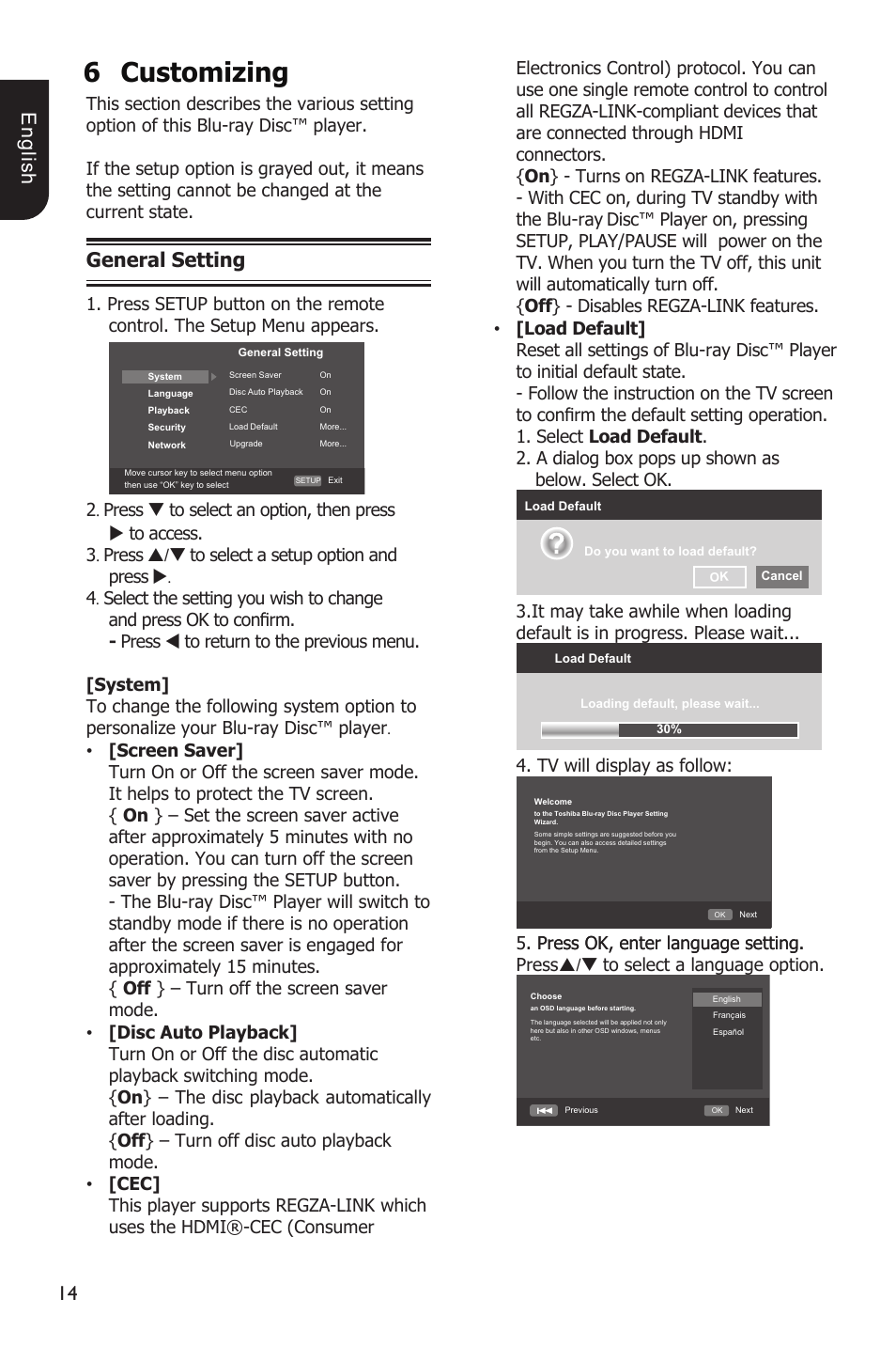 6customizing, 1 e ng lis h, General setting | Toshiba Blu-Ray Disc Player BDX1200KU User Manual | Page 14 / 46