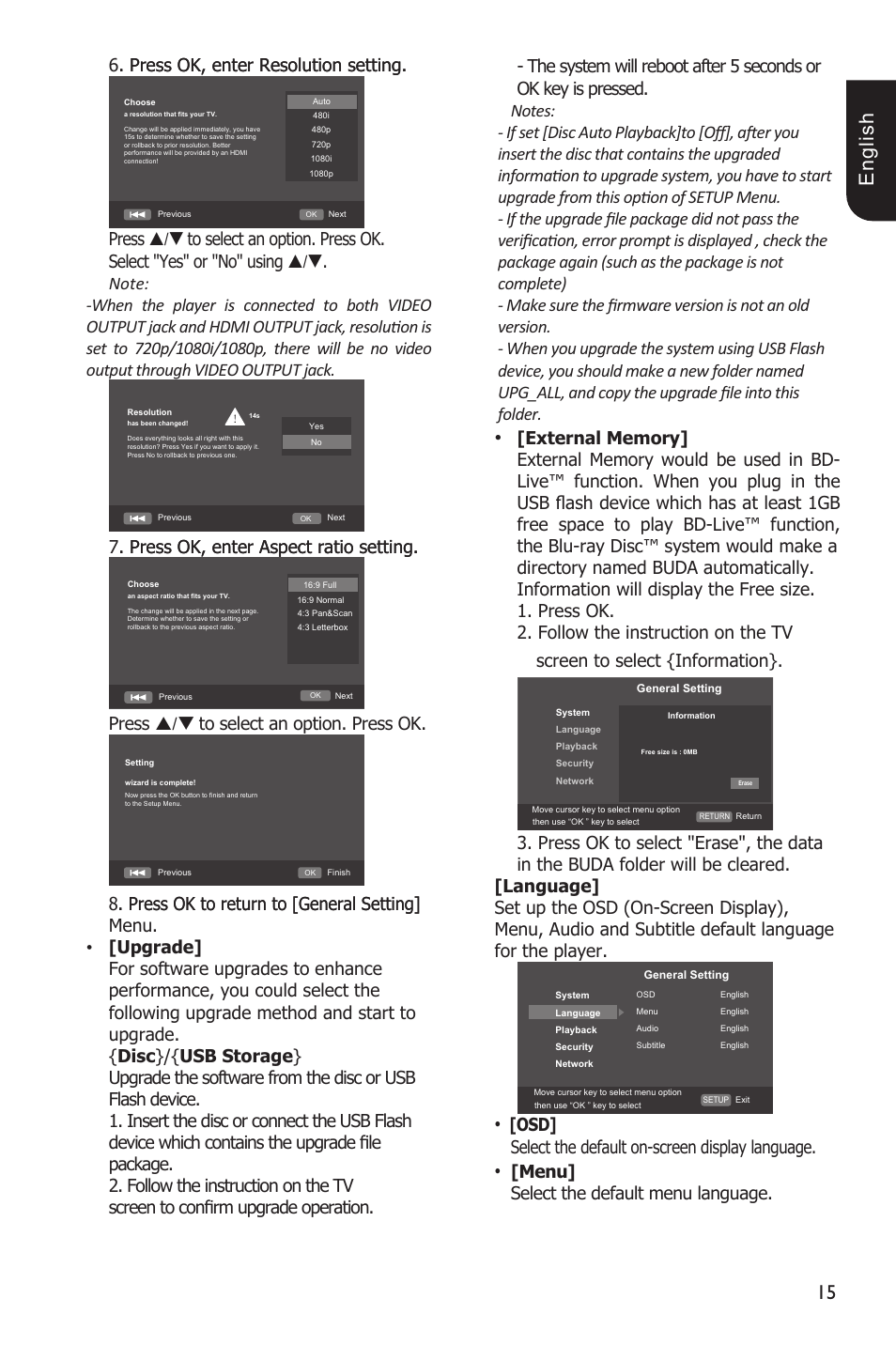 1 e ng lis h, Press / to select an option. press ok, Osd] select the default on-screen display language | Menu] select the default menu language | Toshiba Blu-Ray Disc Player BDX1200KU User Manual | Page 15 / 46
