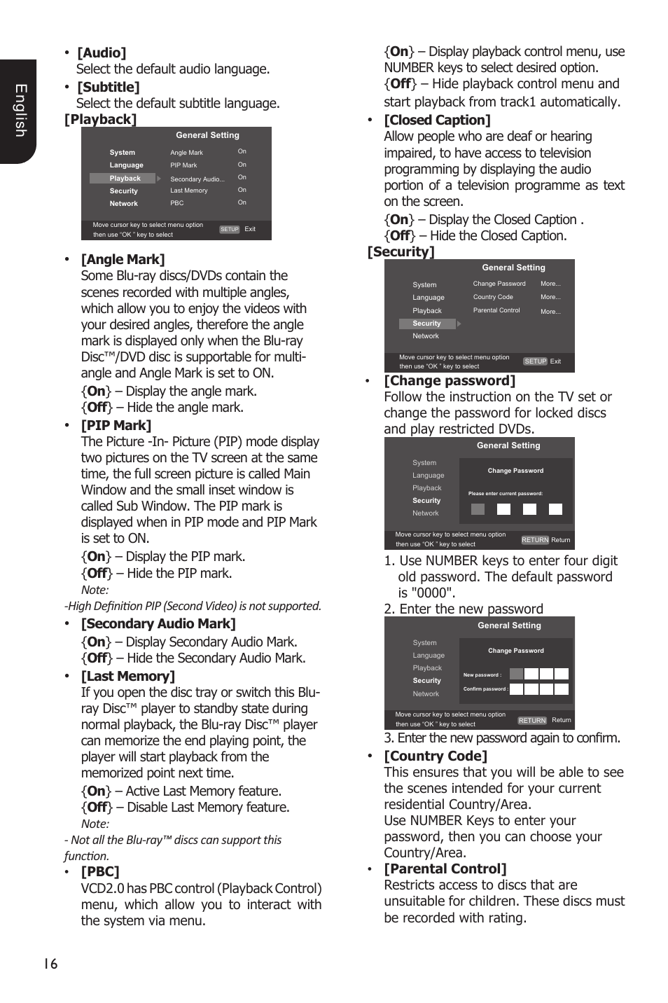 1 e ng lis h, Audio] select the default audio language, Enter the new password again to confirm | Toshiba Blu-Ray Disc Player BDX1200KU User Manual | Page 16 / 46