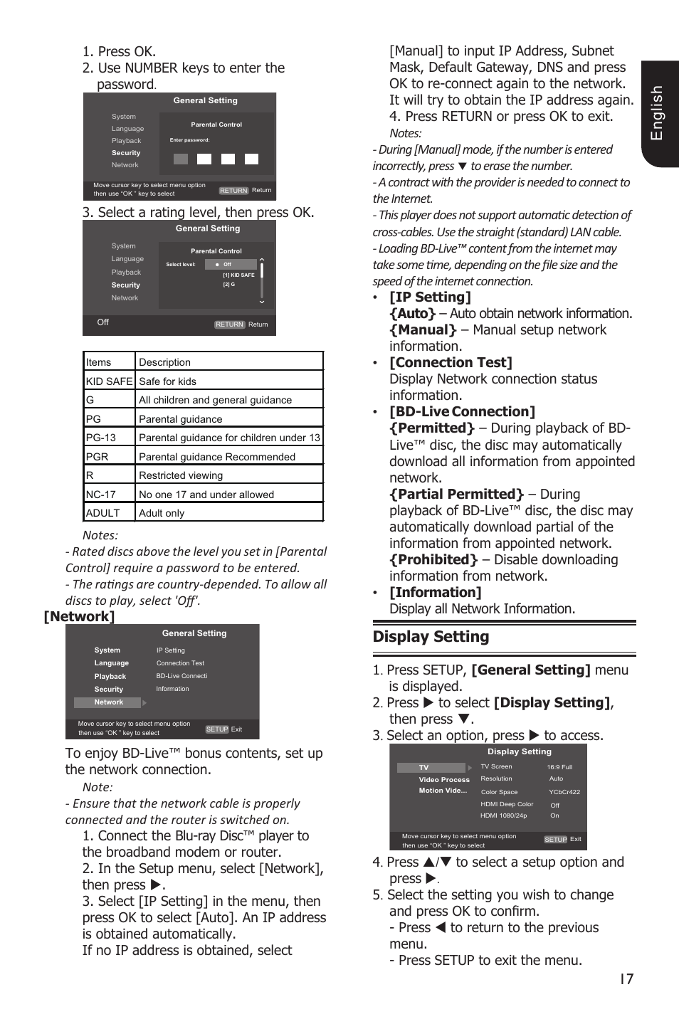 1 e ng lis h, Display setting, Press ok. 2. use number keys to enter the password | Select a rating level, then press ok | Toshiba Blu-Ray Disc Player BDX1200KU User Manual | Page 17 / 46