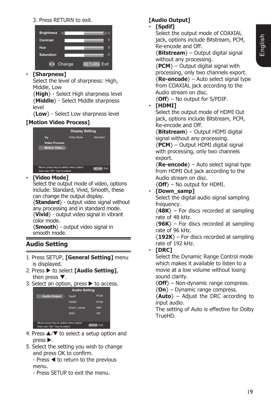 1 e ng lis h, Audio setting | Toshiba Blu-Ray Disc Player BDX1200KU User Manual | Page 19 / 46