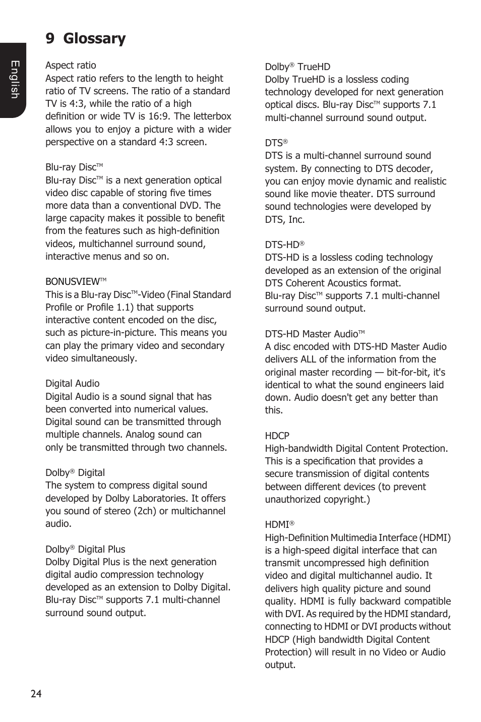 9 glossary, E ng lis h | Toshiba Blu-Ray Disc Player BDX1200KU User Manual | Page 24 / 46