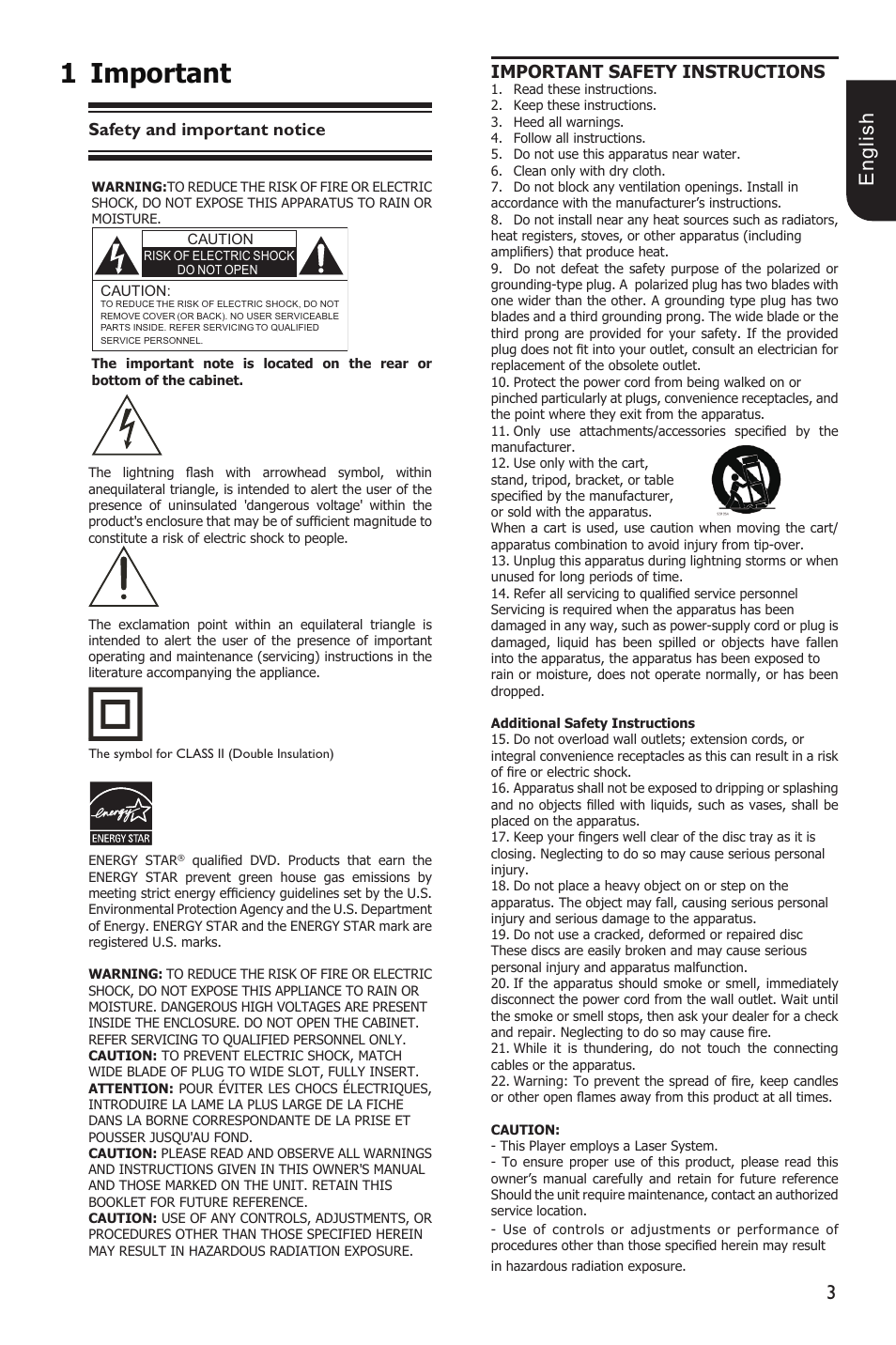 1important, E ng lis h, Safety and important notice | Important safety instructions | Toshiba Blu-Ray Disc Player BDX1200KU User Manual | Page 3 / 46